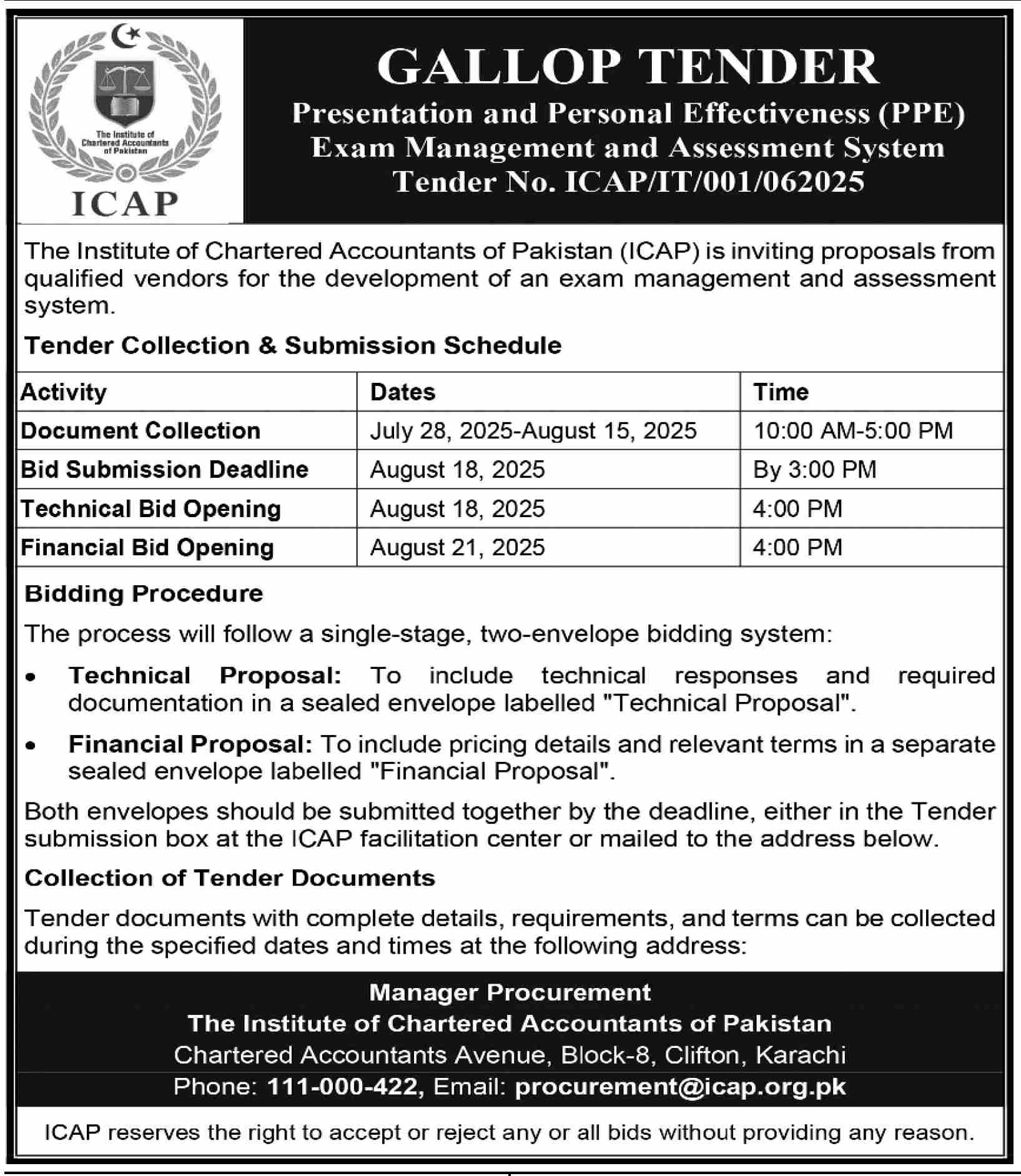 The Institute of Chartered Accountants of Pakistan Karachi Tender Notice